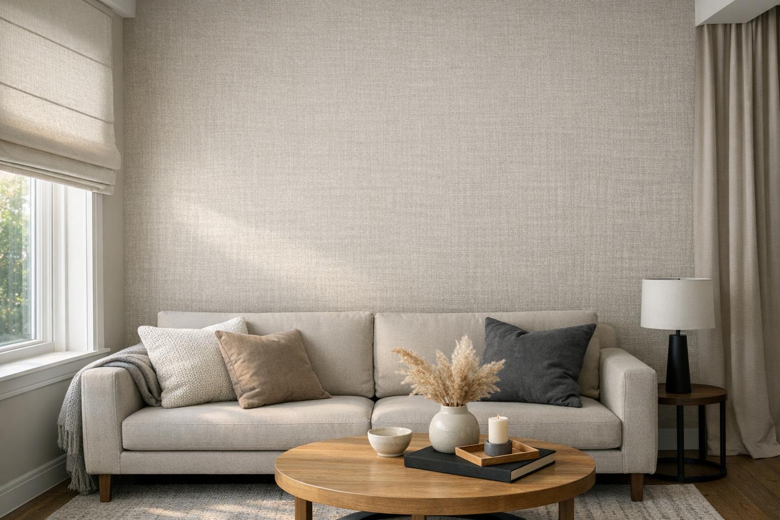 Modern living room featuring a textured accent wall wallpaper with complementary window treatments, photographed in natural light for a crisp and professional look.