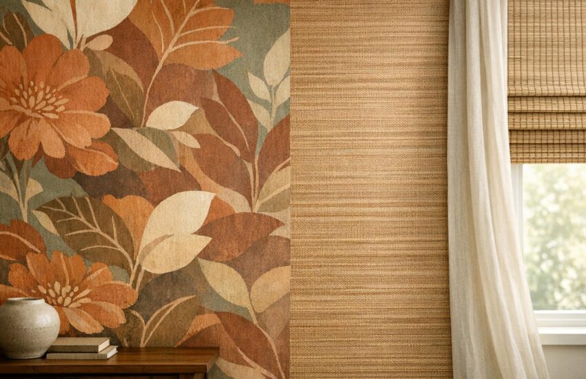 A professional stock photo of a modern room wall with 2026 wallpaper trends, featuring large botanical and textured designs in warm earthy colors, paired with neutral window treatments.
