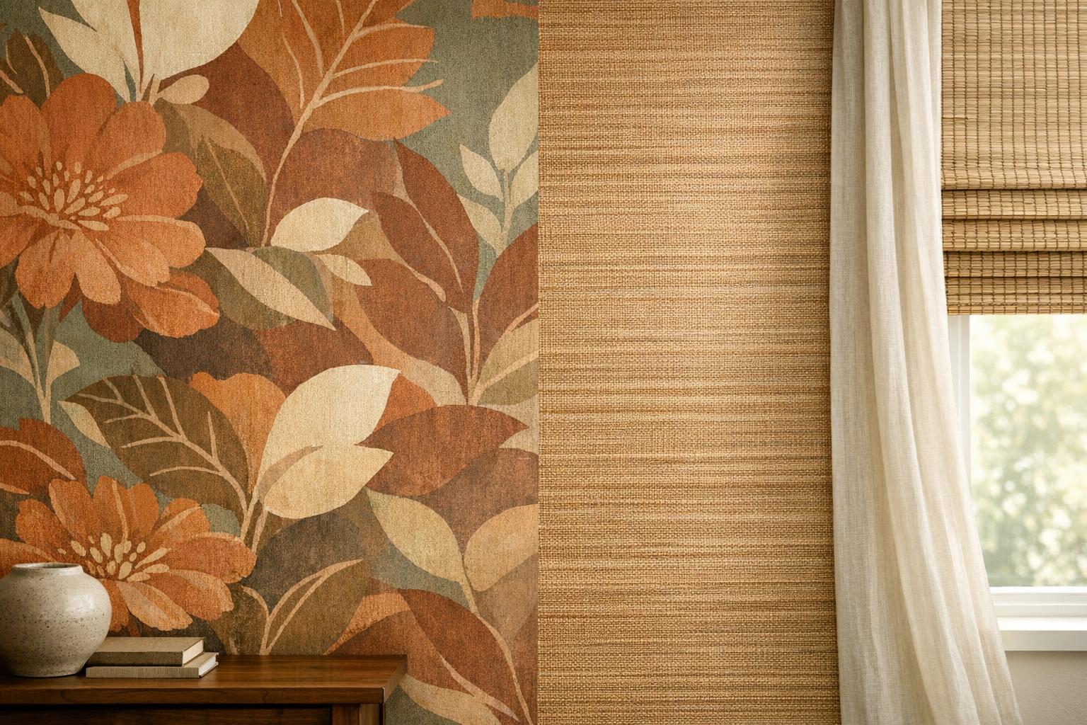 A professional stock photo of a modern room wall with 2026 wallpaper trends, featuring large botanical and textured designs in warm earthy colors, paired with neutral window treatments.